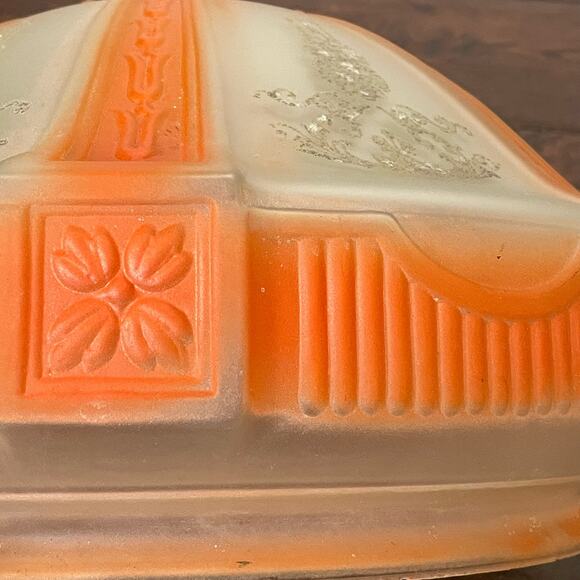 Vintage Art Deco Shade Ceiling Light Fixture Frosted Glass w/ Orange Etched MCM - Picture 5 of 16